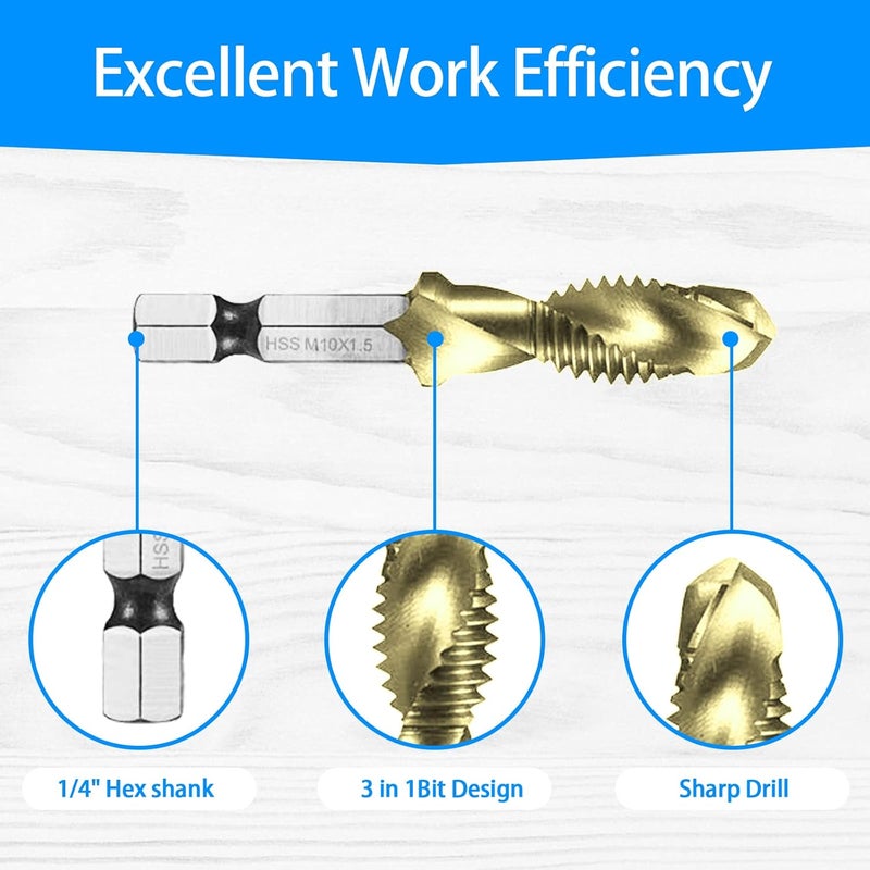 DKIBBITH Combination Drill & Tap Bit Set, 6 pc SAE (6-32NC ~ 1/4-20NC) and 6 pc Metric (M3 ~ M10) Titanium Coated Drill Bits Kit for Drilling Screw Threads Tapping Countersinking, with Quick Change Adapter - Image 4